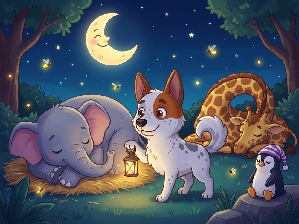 Foxy with a lantern among sleeping zoo animals