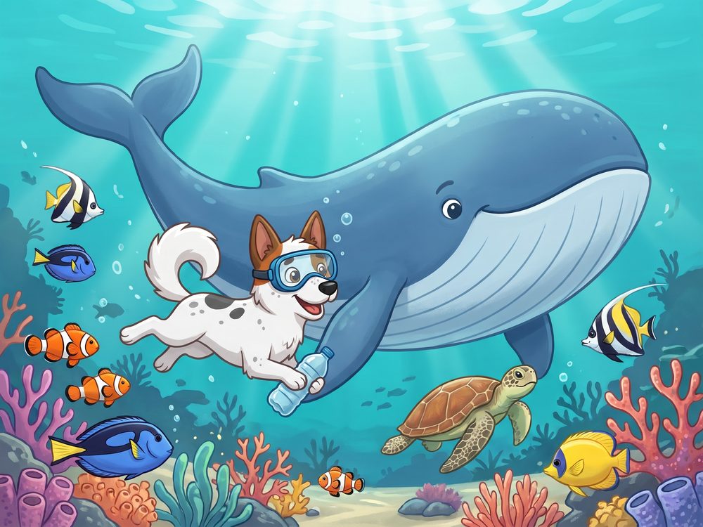 Foxy swims with a whale on a coral reef