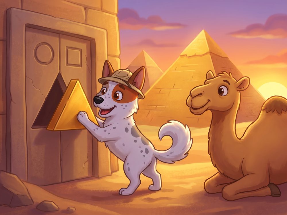 Foxy solves a shape puzzle at the pyramids
