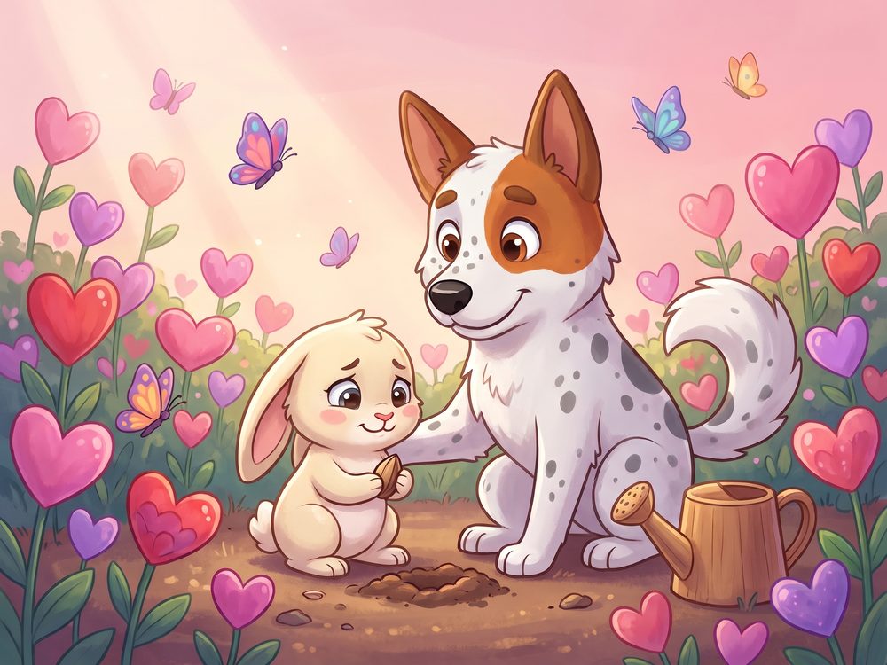 Foxy and a bunny plant a seed in a garden of heart flowers